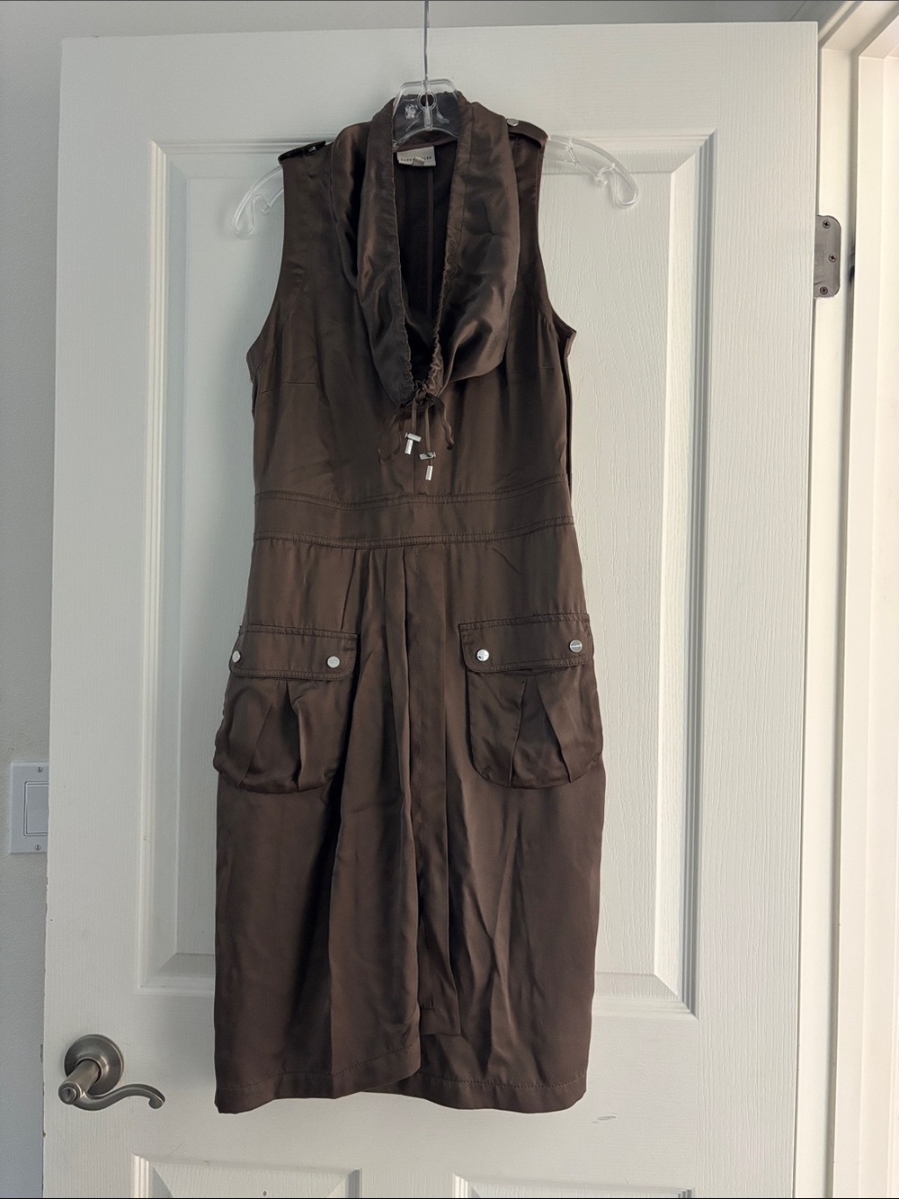 Karen Millen 100% Silk Sleeveless Brown Cowl-Neck Utility Dress Sz 6